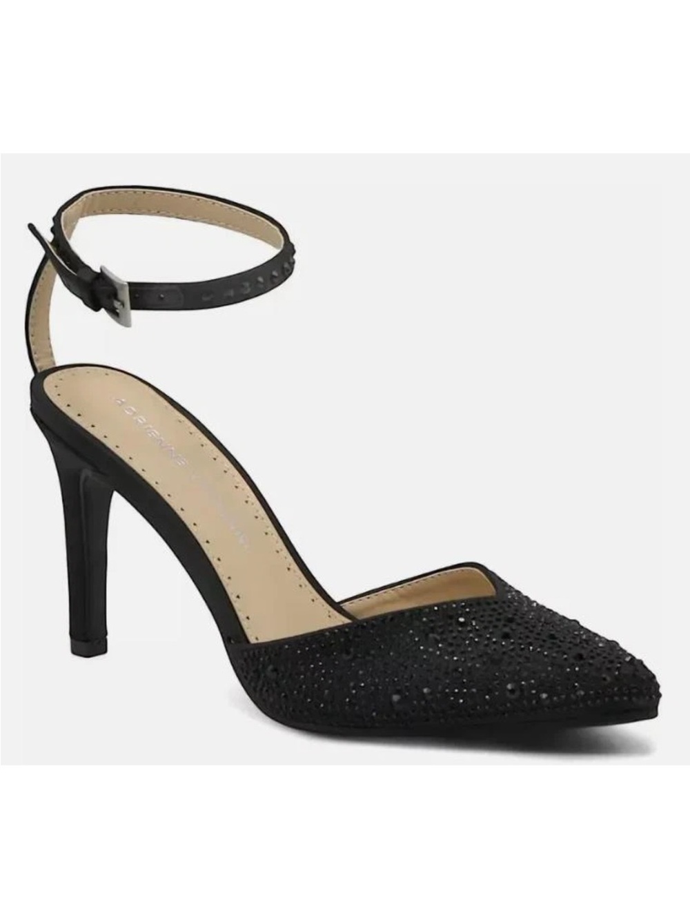 Adrienne Vittadini Black Crystal-Studded Pointed Toe Ankle-Strap Heels